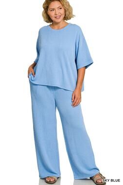 Zenana raised rib tee pant set-Sky blue